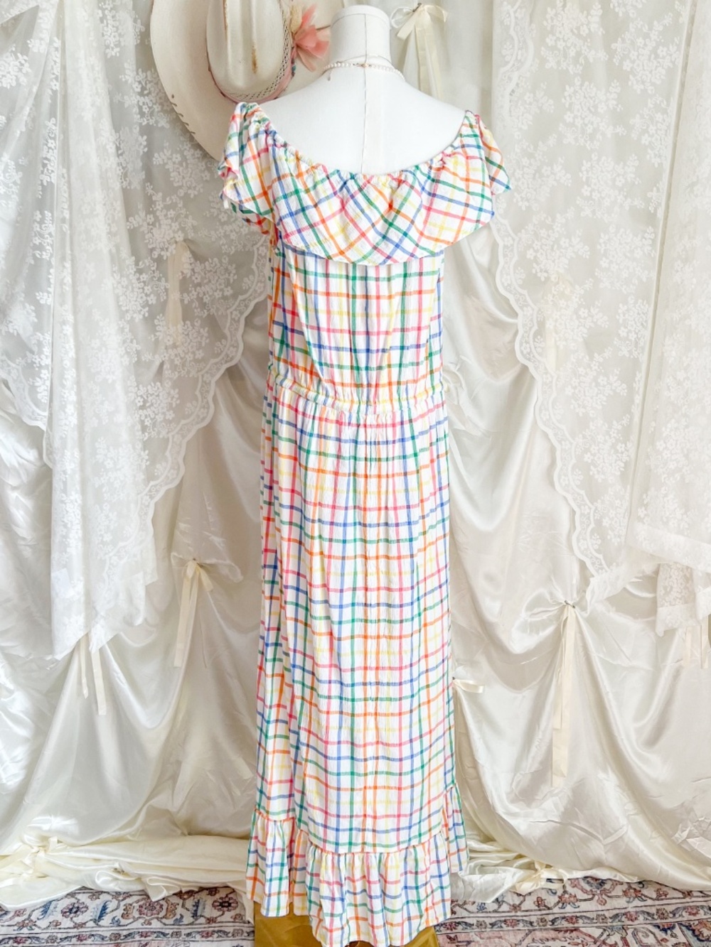 Rainbow Plaid Prairie Maxi Dress Cottagecore Picnic Sundress - Picture 2 of 6